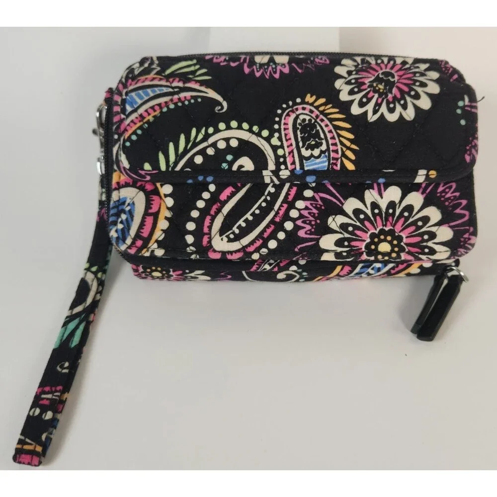 Vera Bradley Black Cotton Double Zipper Wristlet Wallet Floral Flowers